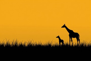 Leinwandbilder - Giraffes silhouetted against a vibrant sunset in an African savanna scene with grass in the foreground. Generative AI