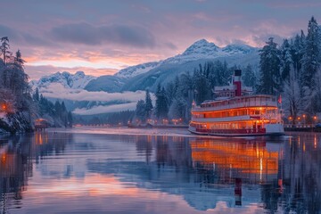 Wall Mural - A stunning ferry approaches the pier for a graceful docking experience at sunset