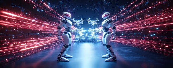 Poster - two futuristic robots face each other in a vibrant, high-tech environment, surrounded by dynamic lig