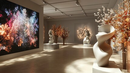 Poster - A contemporary art gallery featuring vibrant sculptures and colorful floral arrangements, creating a harmonious blend of nature and modern art.