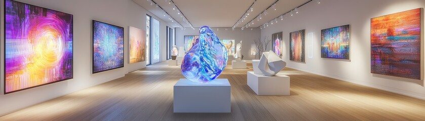 Poster - A modern art gallery featuring vibrant abstract paintings and a striking illuminated sculpture, creating a colorful and immersive experience.