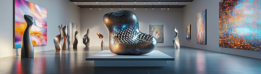 Poster - A modern art gallery featuring abstract sculptures and vibrant paintings, showcasing a blend of creativity and innovation in a spacious, well-lit environment.