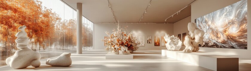 Poster - A modern art gallery featuring abstract sculptures and warm autumnal colors, illuminated by natural light streaming through large windows.