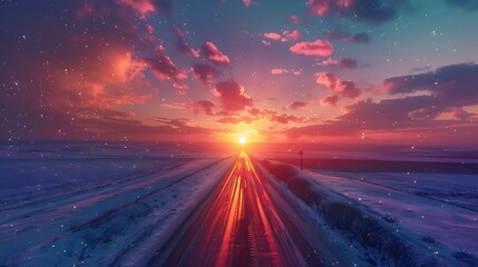 Wall Mural - a highway through a flat landscape with a vibrant sunrise in the background