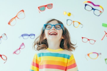 Poster - Colorful glasses of different shapes and sizes floating around a laughing little girl wearing a rainbow shirt on a white background.