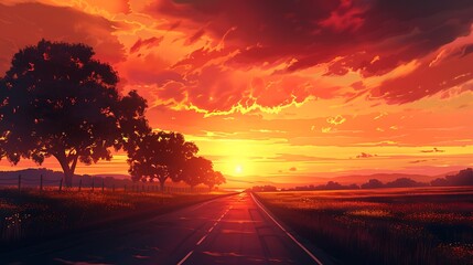 Wall Mural - a long stretch of road under a vibrant orange sunset sky, with silhouettes of trees