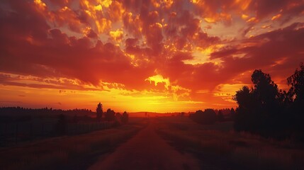 Wall Mural - a long stretch of road under a vibrant orange sunset sky, with silhouettes of trees
