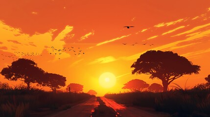 Wall Mural - a long stretch of road under a vibrant orange sunset sky, with silhouettes of trees