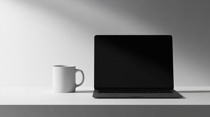 Poster - Laptop and Mug on White Surface, Minimalist Setting, Mockup, for Work or Study