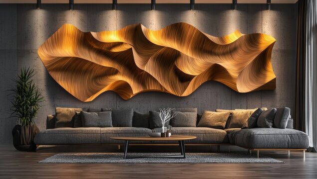 3d rendering of large wall art sculpture hanging on the wall in modern living room, adding to the modern interior decor.