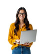 © ranuka - Young successful employee IT business woman corporate manager student freelancer wearing glasses work in office remotely hold use laptop pc computer isolated on white background
