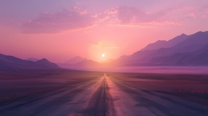 Wall Mural - a sunset over an empty road with distant mountains and a light mist rising from the ground