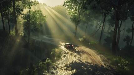 Wall Mural - a vehicle driving on a winding road through a thick forest with sunlight breaking through the trees