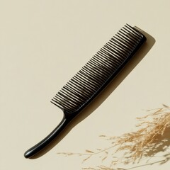 Fototapete - Simple black comb displayed against a neutral background with soft shadows highlighting its design and texture. Generative AI