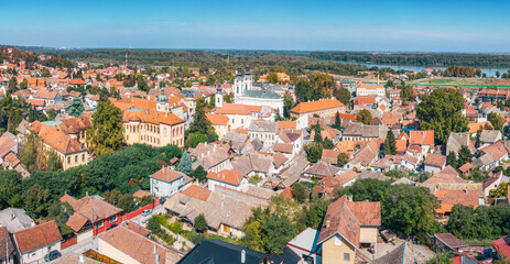 Wall Mural - Aerial view of Sremski Karlovci, showcasing its charming architecture, historic buildings, and the prominent cathedral, Serbia