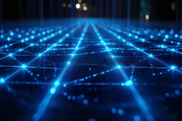 Poster - a dark background with a blue abstract design of connected lines and dots, representing technologica