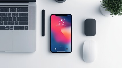 Fototapete - Flat lay setup featuring laptop, smartphone, and desk accessories during a productive work session at home. Generative AI