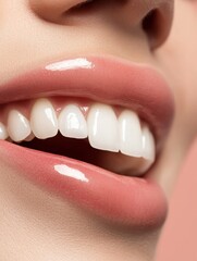 Poster - Close up view of teeth before and after whitening treatment with clean and bright results in a neutral background. Generative AI