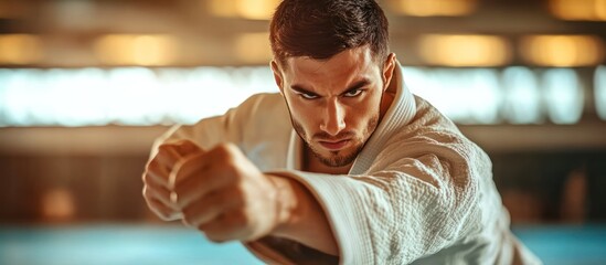 Dynamic Judo Practitioner in Action with Copy Space. Closeup shot showcases intense skill and focus, with dojo in background. Perfect for sports magazines and martial arts promotions.