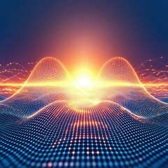 Aufkleber - Abstract Digital Landscape Glowing Network Mesh with Bright Sunrise