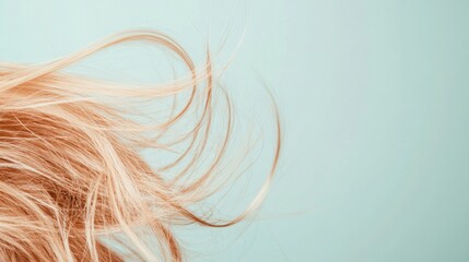Poster - Close up of frayed hair tips with split ends against a light blue background inviting hair care solutions. Generative AI