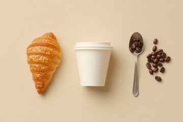 Aufkleber - Enjoying a delightful morning coffee with a fresh croissant and coffee beans on a neutral backdrop. Generative AI