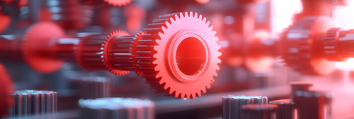 Wall Mural - a close-up shot of interconnected gears in a machine, bathed in red light, symbolizing industry and 