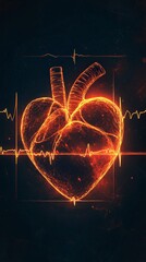 Poster - A vibrant heart illuminated with fiery colors representing life and health, set against a dark backdrop with a pulse waveform suggesting vitality and emotional connection.