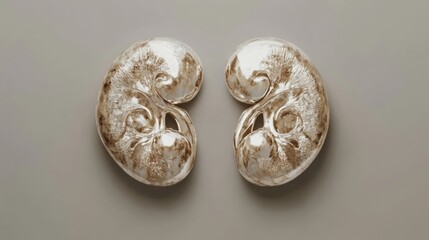 Fototapete - Unique shell like sculptures resembling nautilus with intricate patterns displayed on neutral background. Generative AI