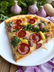 Wall Mural - Pepperoni pizza slice with olives parsley and other toppings on a white plate against a background of garlic and greenery.