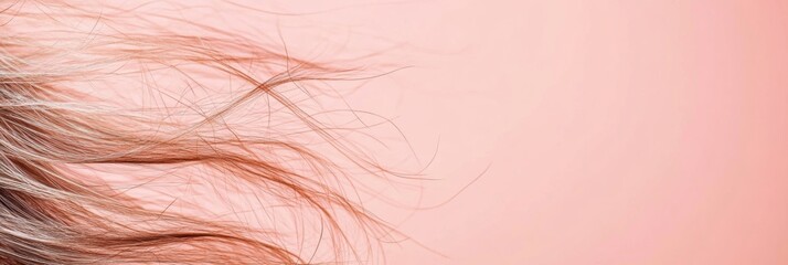 Poster - Close up view of frayed hair tips showcasing split ends with a soft pastel background providing space for text. Generative AI