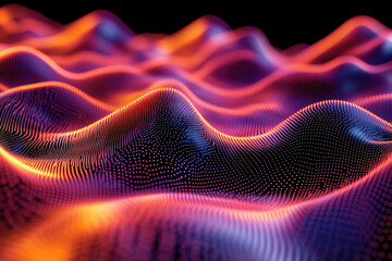 Poster - Abstract digital wave, glowing particles forming undulating landscape of vibrant orange and purple hues.