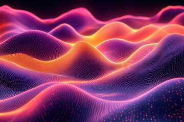 Aufkleber - Abstract digital landscape with vibrant, glowing waves of particles in pink and orange hues.
