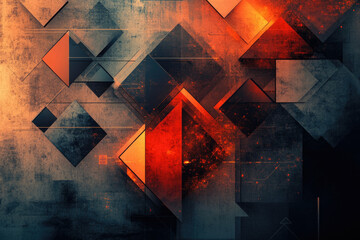 Poster - Abstract geometric artwork with a grunge texture, featuring overlapping shapes in shades of red, orange, and dark grey.