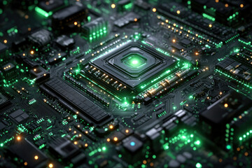 Poster - Close-up of a futuristic, illuminated computer motherboard with a central processor.