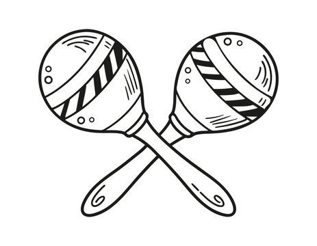 black and white illustration of two maracas crossed together, featuring decorative patterns and dots, perfect for music-themed designs or coloring pages.
