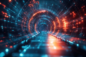 Poster - A futuristic digital tunnel with glowing blue and orange data streams, depicting a journey through cyberspace.