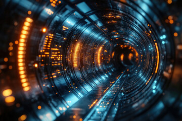Poster - Futuristic glowing tunnel, digital art, vibrant orange and blue lights, abstract technology, sci-fi.