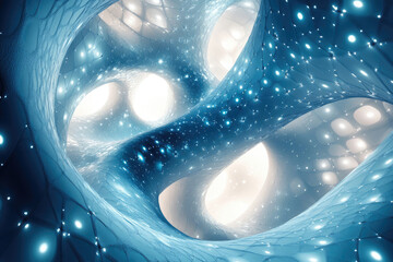 Aufkleber - Abstract digital art depicting a swirling, interconnected blue and white tunnel, glowing with light.