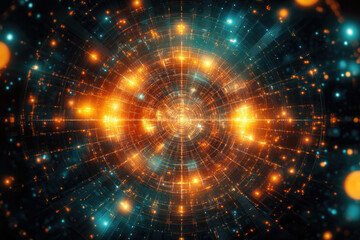 Poster - Abstract fractal art depicting a vibrant, glowing circular tunnel of interconnected nodes and lines, radiating energy.