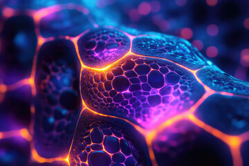 Poster - Abstract image depicting a vibrant, glowing, cellular structure with interconnected nodes and luminescent veins.