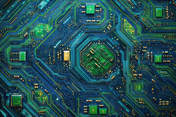 Poster - Intricate circuitry of a computer motherboard, showcasing complex pathways and components.