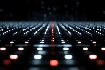 Poster - Abstract digital landscape with converging lines of white and red lights creating a futuristic, technological feel.