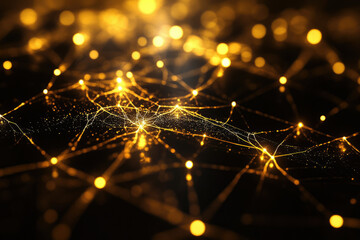 Poster - Abstract golden network, interconnected nodes glowing brightly in the dark, representing global connectivity and data flow.