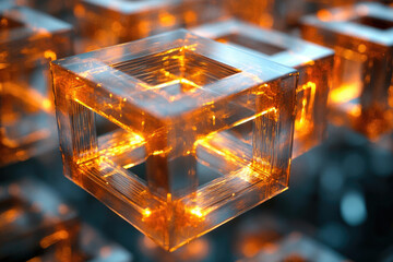 Poster - Glowing orange glass cubes, interconnected, forming a complex abstract structure.