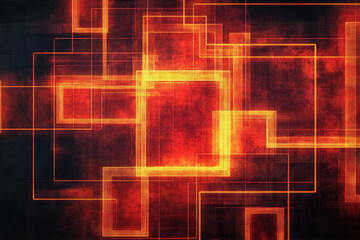Aufkleber - Abstract digital art featuring glowing orange squares and rectangles on a dark red background.
