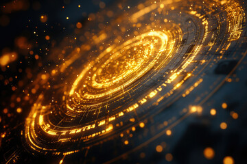 Poster - Abstract digital art depicting swirling golden circuitry and particles, futuristic technology.