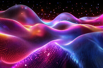 Poster - Abstract digital landscape with vibrant neon colors and glowing particles, creating a mesmerizing wave effect.