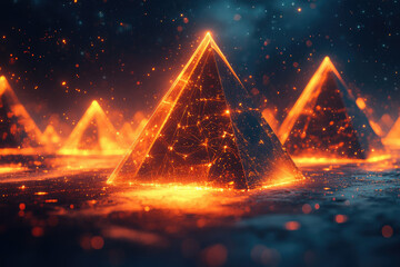 Poster - Glowing pyramids with fiery particles in a dark, surreal landscape.