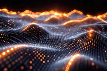 Poster - Abstract digital landscape with glowing particles forming undulating waves and illuminated crests.